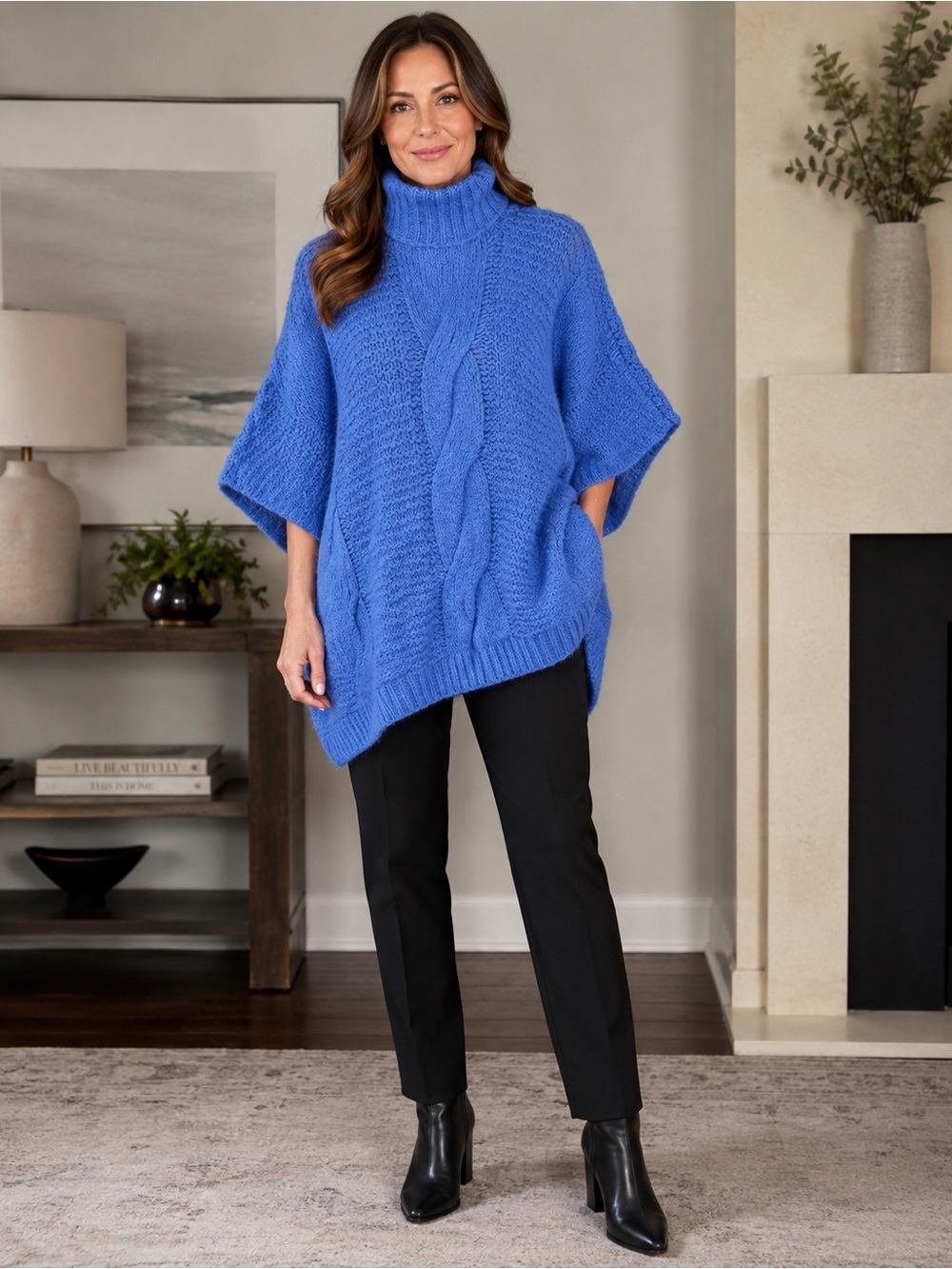 Easel oversized periwinkle blue cable-knit turtleneck poncho sweater Size M